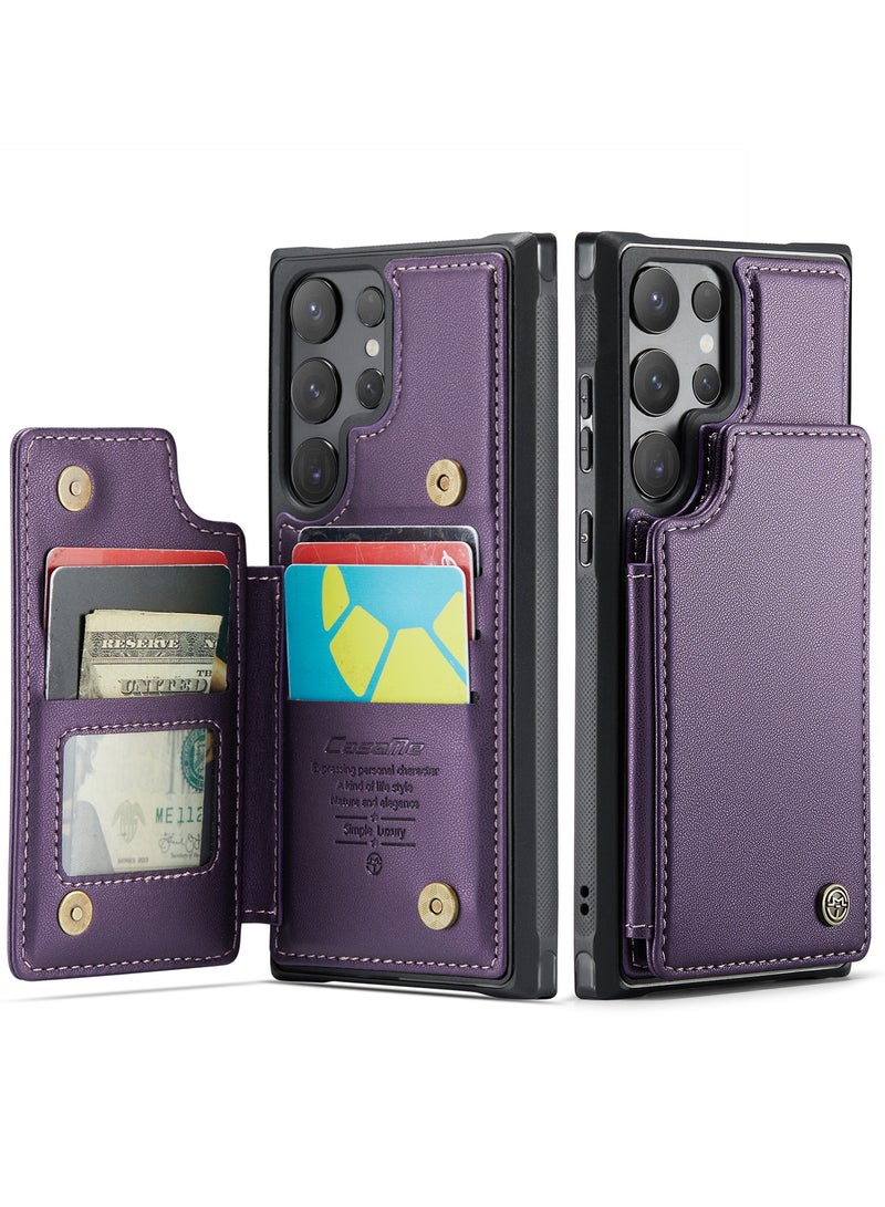 Wallet Case for Samsung Galaxy S24 Ultra , Premium Handmade Durable PU Leather Slim Shockproof Case with [Double Magnetic Clasp] [Card Holder] [Kickstand] [RFID Blocking] (Purple)