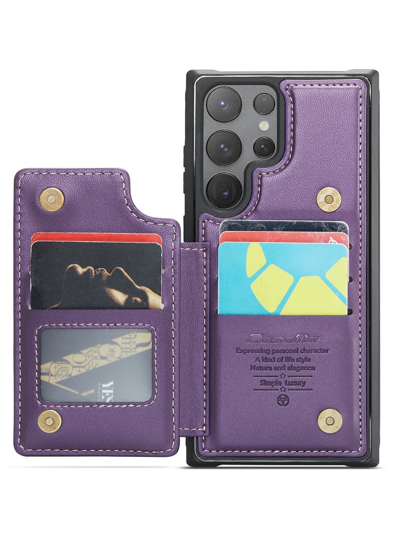 Wallet Case for Samsung Galaxy S24 Ultra , Premium Handmade Durable PU Leather Slim Shockproof Case with [Double Magnetic Clasp] [Card Holder] [Kickstand] [RFID Blocking] (Purple)