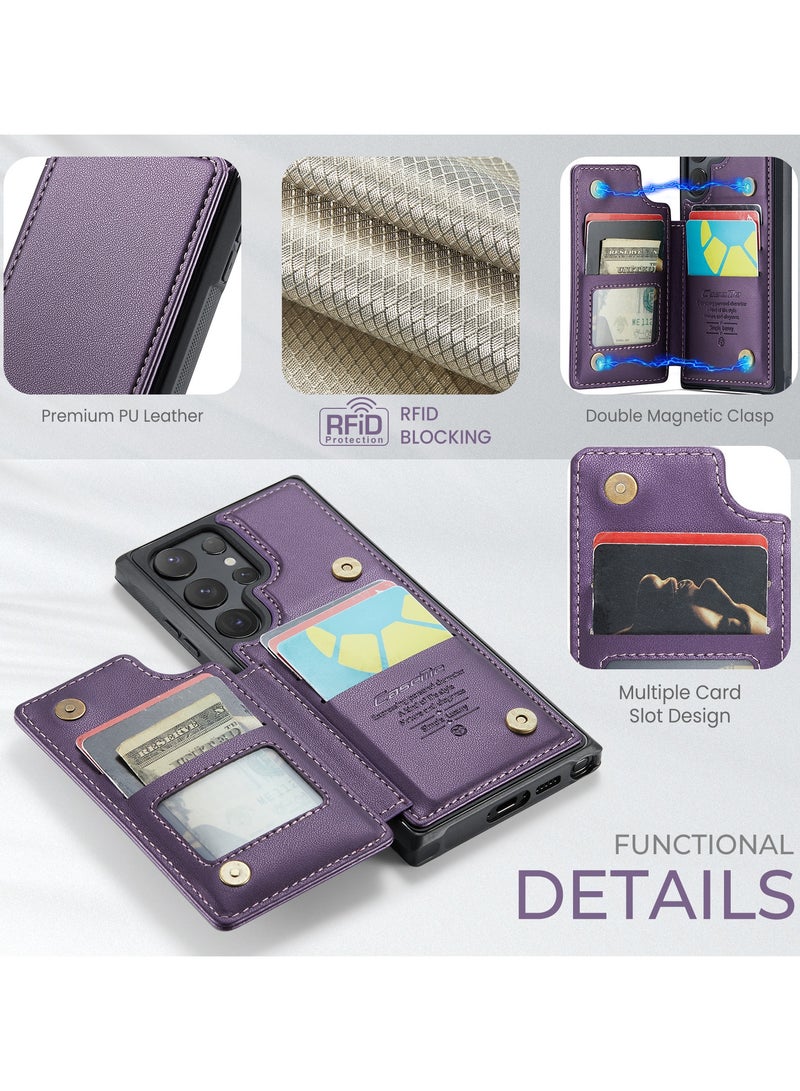 Wallet Case for Samsung Galaxy S24 Ultra , Premium Handmade Durable PU Leather Slim Shockproof Case with [Double Magnetic Clasp] [Card Holder] [Kickstand] [RFID Blocking] (Purple)