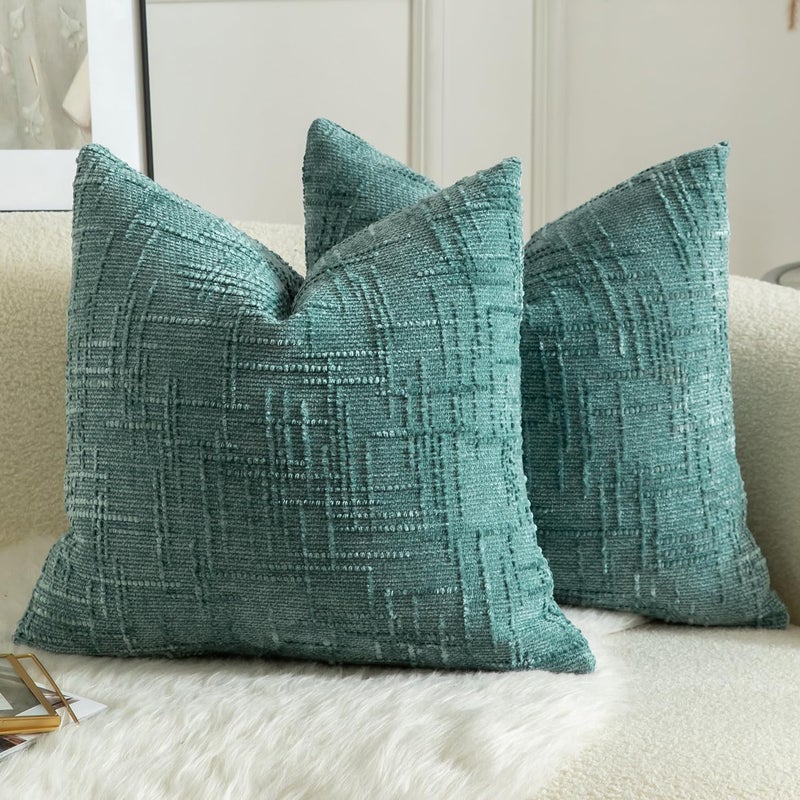 MANDIOO Pack of 2 Soft Chenille Textured Throw Pillow Covers Square Accent Solid Decorative Cushion Cover Cozy Farmhouse Pillow Case for Couch Sofa Bed Living Room 16x16 Inch Teal - Image 1