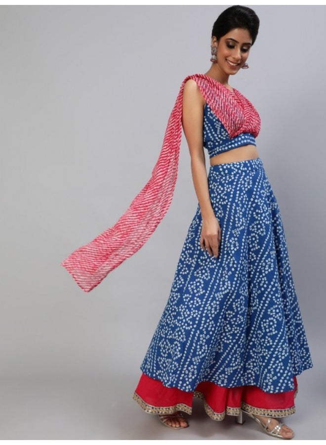 AKS Blue & Pink Bandhani Printed Lehenga Choli With Leheriya Attached Dupatta Set - Image 3