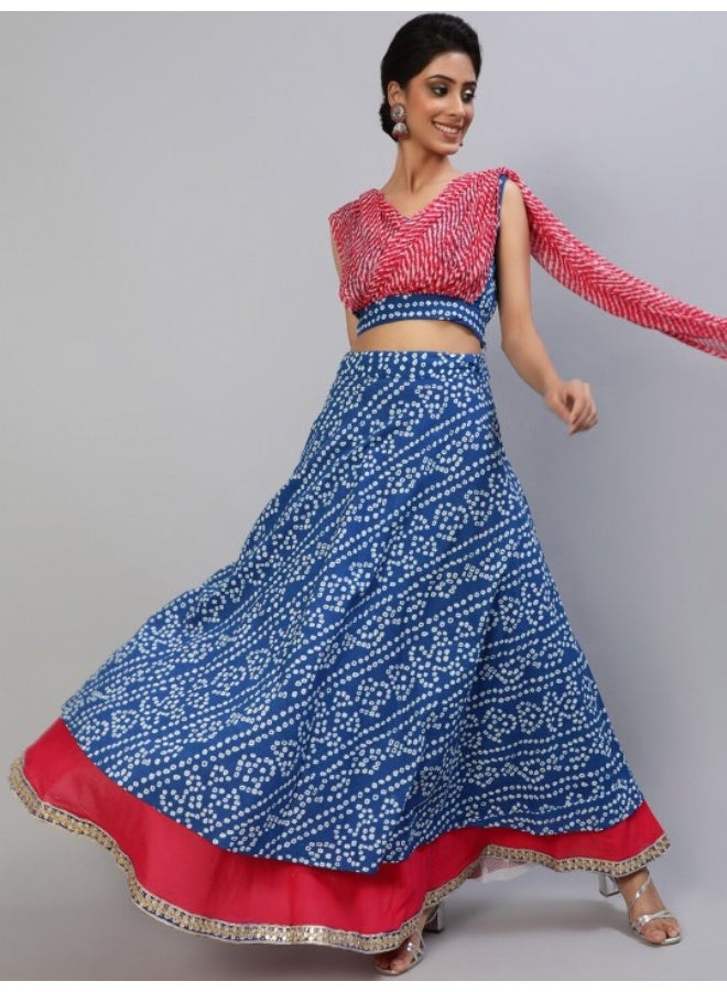 AKS Blue & Pink Bandhani Printed Lehenga Choli With Leheriya Attached Dupatta Set - Image 1