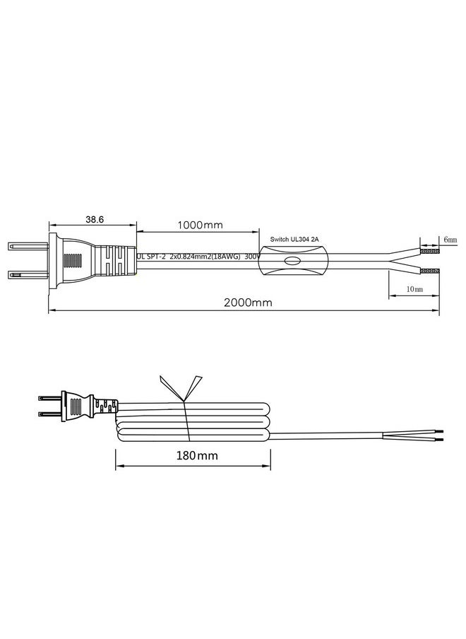 VSEER Lamp Cord has Button Switch UL304 2A/120V,Plug,Stripped Ends Ready for Wiring 18 AWG SPT-2, White (6FT)  - Image 5