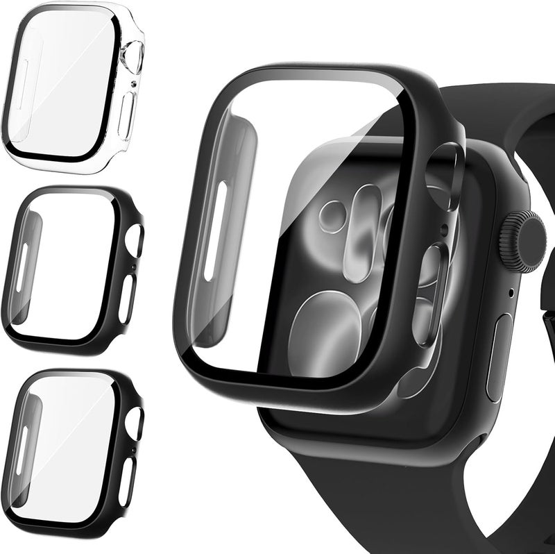 FULLIFE 3 Pack Screen Protector 42mm Compatible for Apple Watch Series 10 with 9H Tempered Glass,Overall Shockproof Cover Protective Case for iWatch 42mm(Black/Grey/Transparent) - Image 1
