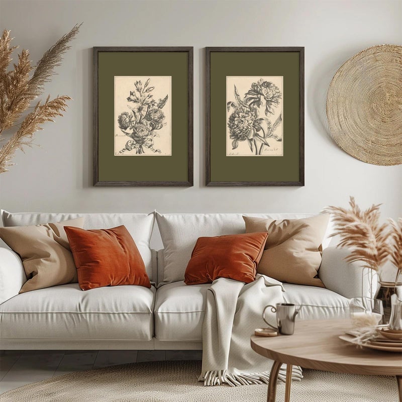 Tanmart Flower Sketch Wall Art Sage Green Floral Canvas Poster Vintage Botanical Wall Decor Peony Prints Dark Green Pictures Antique Floral Drawing Painting for Bedroom Living Room 16x24x2 Inch Wood Framed - Image 5