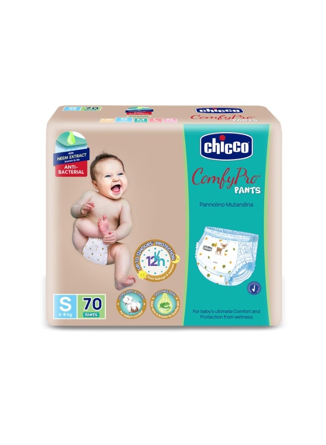 Chicco Comfy-Pro Pant Style Baby Diapers | Anti-bacterial benefits | Ultra Soft & 12hrs protection | Wetness indicator & Disposing Tapes - Small, 70 Count, 4-8 Kg - Image 1
