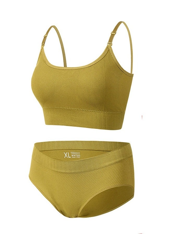 Loquat Women's Solid Color Sport Fitness Lingerie Set 2-piece Seamless Wireless Adjustable Shoulders Vest Bra+Low Waist Briefs Sport Suit Lemon Yellow 
