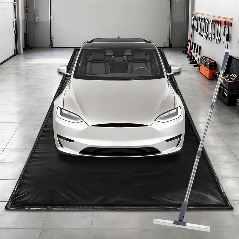 UEAKPIC Garage Floor Mat 7'9" x 18', Heavy Duty 1300D PVC Containment Mat with Floor Squeegee, Waterproof Protection from Snow, Rain and Mud for Cars, Black - Image 1