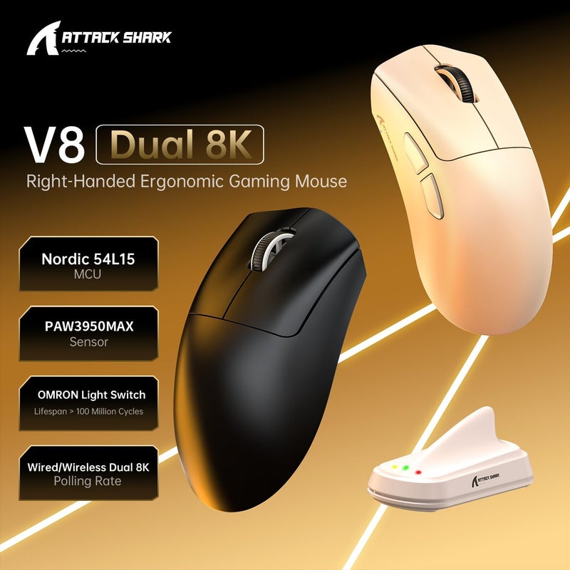 MAMBASNAKE فأرة ألعاب لاسلكية فائقة الخفة من مامبا سنيك أتاك شارك V8 مع استقصاء 8K، 42000 نقطة في البوصة، شريحة MCU نورديك 54L15، مستشعر PixArt 3950 ماكس - سلكي/بلوتوث/2.4 جيجاهرتز، بطارية تدوم 400 ساعة، قابلة للبرمجة لأجهزة الكمبيوتر وماك FPS (أبيض) - Image 3
