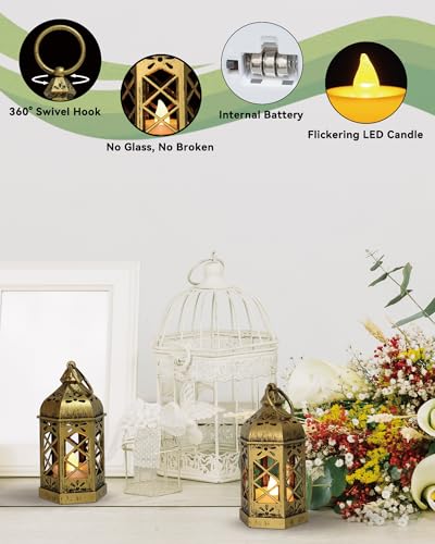 Reperla 8-Pack Mini Lanterns with Flickering LED Candles for Ramadan, Small Decorative Hanging Lanterns for Halloween, Christmas, Wedding, Gold Lantern for Table Centerpiece, Garden Party Decor - Image 5