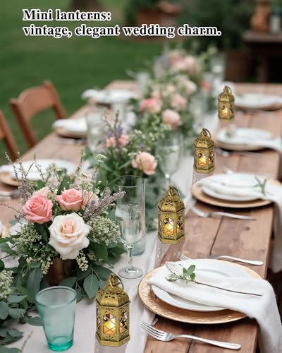 Reperla 8-Pack Mini Lanterns with Flickering LED Candles for Ramadan, Small Decorative Hanging Lanterns for Halloween, Christmas, Wedding, Gold Lantern for Table Centerpiece, Garden Party Decor - Image 4