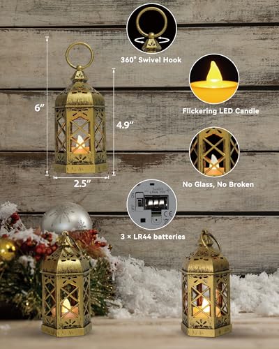 Reperla 8-Pack Mini Lanterns with Flickering LED Candles for Ramadan, Small Decorative Hanging Lanterns for Halloween, Christmas, Wedding, Gold Lantern for Table Centerpiece, Garden Party Decor - Image 2