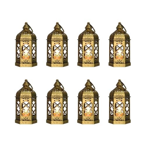 Reperla 8-Pack Mini Lanterns with Flickering LED Candles for Ramadan, Small Decorative Hanging Lanterns for Halloween, Christmas, Wedding, Gold Lantern for Table Centerpiece, Garden Party Decor - Image 1
