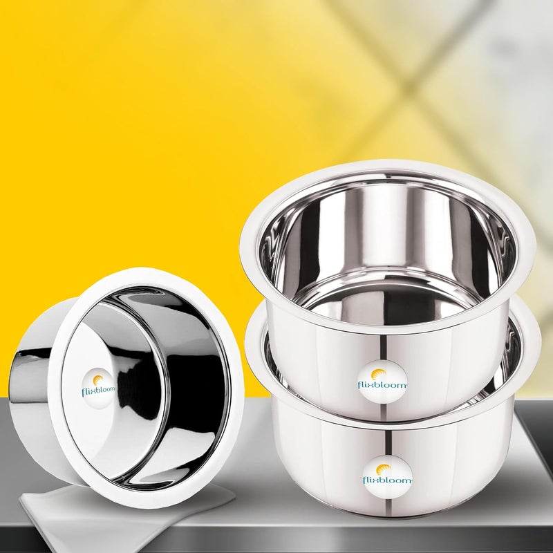 FLIXBLOOM Flixbloom Stainless Steel Utensils Combo Pcs Set Heavy Bottom Induction Base LPG Gas Stovetop Compatible Cookware Sets TopeBhagonaHandiPatilaTapeli for Milk Water etc 2L3L4L Cookware Set  - Image 1