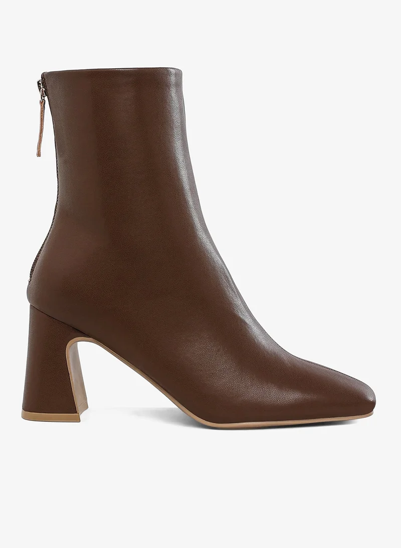 Faux Leather Square Toe Ankle Boots in Brown