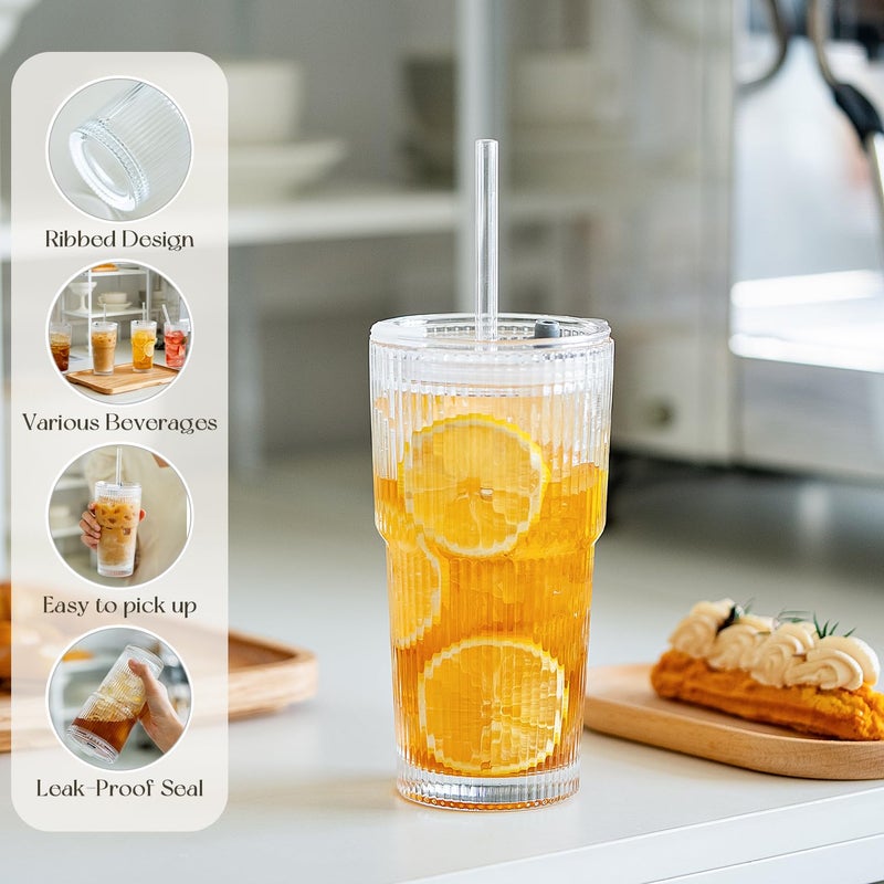 KEMORELA 2-Pack 20 oz Ribbed Glass Tumblers with Lids and Glass Straws â€“ Vintage Iced Coffee Cups, Reusable Smoothie & Cocktail Drinking Glasses, Clear Glassware for Home or Cafe - Image 5
