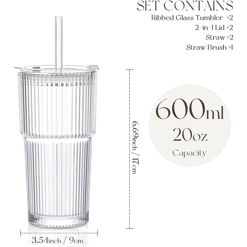 KEMORELA 2-Pack 20 oz Ribbed Glass Tumblers with Lids and Glass Straws â€“ Vintage Iced Coffee Cups, Reusable Smoothie & Cocktail Drinking Glasses, Clear Glassware for Home or Cafe - Image 3