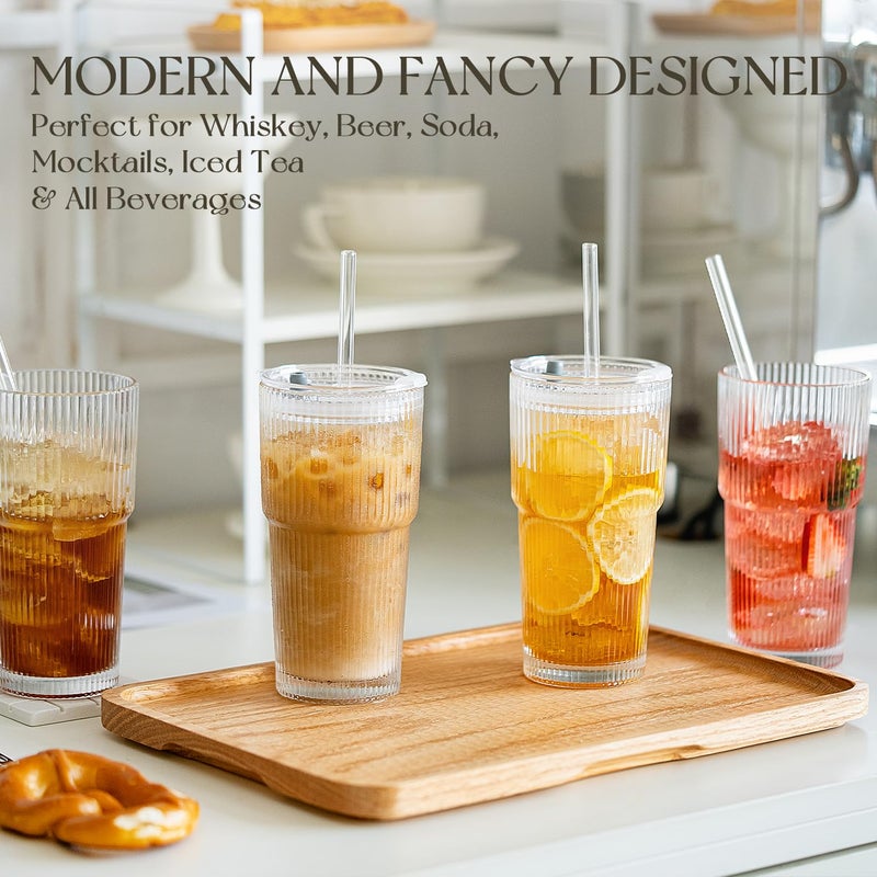 KEMORELA 2-Pack 20 oz Ribbed Glass Tumblers with Lids and Glass Straws â€“ Vintage Iced Coffee Cups, Reusable Smoothie & Cocktail Drinking Glasses, Clear Glassware for Home or Cafe - Image 2