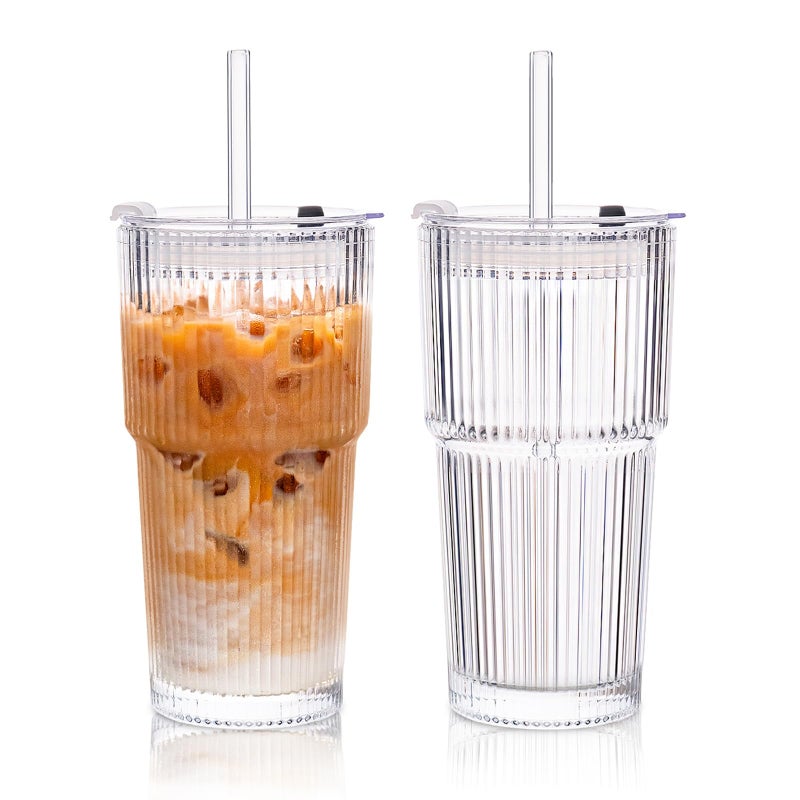 KEMORELA 2-Pack 20 oz Ribbed Glass Tumblers with Lids and Glass Straws â€“ Vintage Iced Coffee Cups, Reusable Smoothie & Cocktail Drinking Glasses, Clear Glassware for Home or Cafe - Image 1