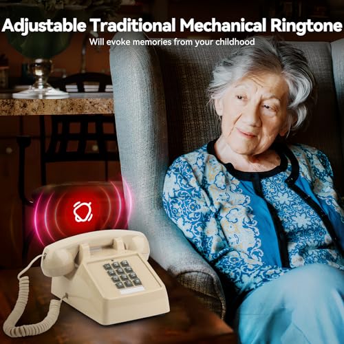 Sangyn Classic Vintage Cord Phones for Landline Old Telephone with Mechanical Ringer Volume Control Retro Analog Desk Phone for Home House School, Beige - Image 3