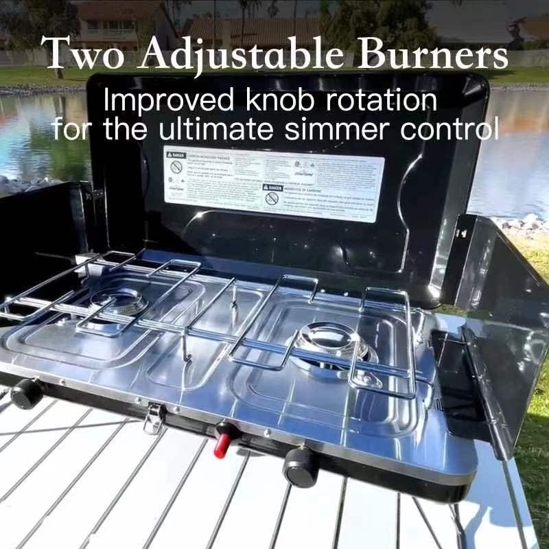 FineFlame Camping Stove, 2 Burners Portable Propane camp Stove with Regulator, Integrated Igniter & Stainless Steel Drip Tray & Built-in Handle & Foldable Legs for Outdoor Cooking and Travel-20000 BTU - Image 5
