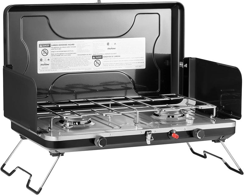 FineFlame Camping Stove, 2 Burners Portable Propane camp Stove with Regulator, Integrated Igniter & Stainless Steel Drip Tray & Built-in Handle & Foldable Legs for Outdoor Cooking and Travel-20000 BTU - Image 1