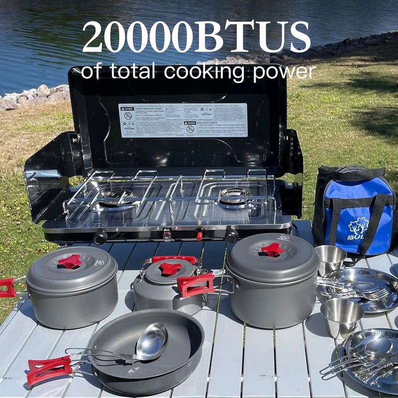 FineFlame Camping Stove, 2 Burners Portable Propane camp Stove with Regulator, Integrated Igniter & Stainless Steel Drip Tray & Built-in Handle & Foldable Legs for Outdoor Cooking and Travel-20000 BTU - Image 4