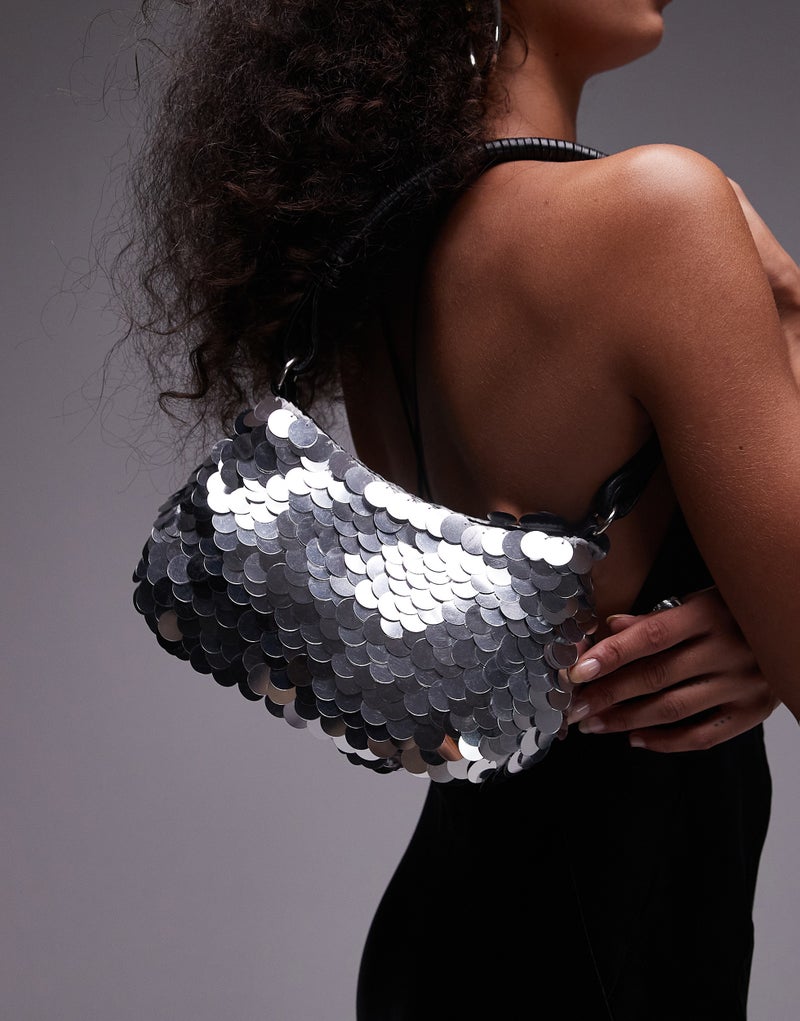 Topshop Sonia sequin shoulder bag in black  BLACK - Image 4
