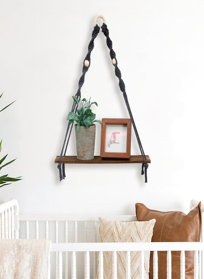 Artilady Macrame Black Floating Shelf - Boho Wooden Wall Shelves Hanging Decor, Rustic Hanging Storage Rack Hand Woven Plant Shelf Decor for Bedroom Living Room Nursery Dorm Room - Image 2