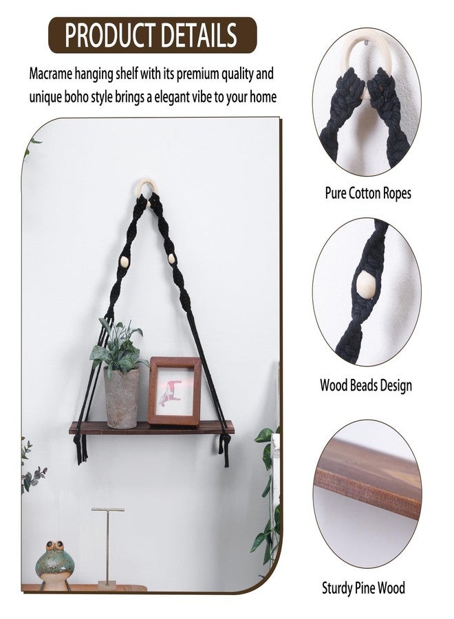 Artilady Macrame Black Floating Shelf - Boho Wooden Wall Shelves Hanging Decor, Rustic Hanging Storage Rack Hand Woven Plant Shelf Decor for Bedroom Living Room Nursery Dorm Room - Image 3