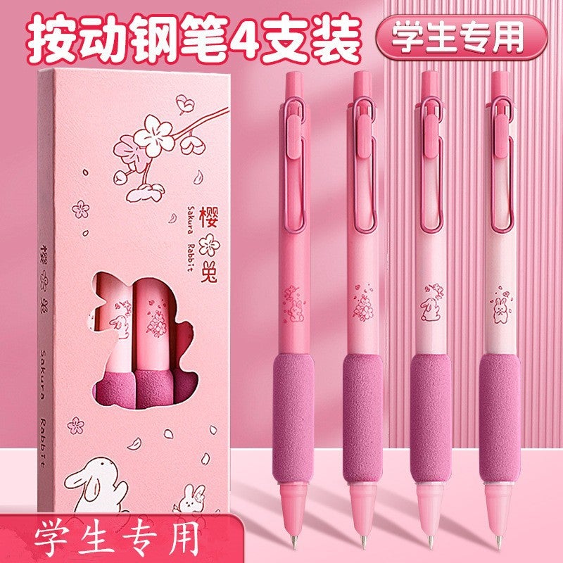 Generic Pupils Push Pen European Bag Soft Grip Pen Plastic Color Student Pen Daily Writing Ink Changing Sac Cherry Blossom Rabbit/4 Pack 