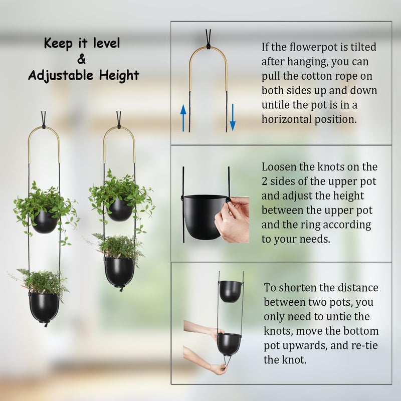 ABETREE Modern Metal Hanging Planter for Indoor Outdoor Plants with Hook 2 Tier Boho Wall and Ceiling Flower Pots Baskets Holder Home Office Decor(Black) - Image 3