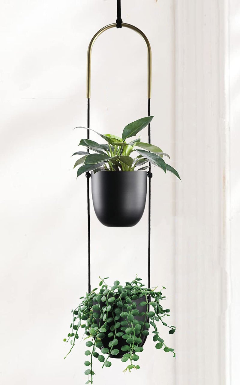 ABETREE Modern Metal Hanging Planter for Indoor Outdoor Plants with Hook 2 Tier Boho Wall and Ceiling Flower Pots Baskets Holder Home Office Decor(Black) - Image 1