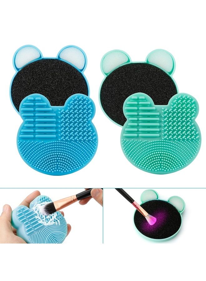TailaiMei 2 Pack Makeup Brush Cleaning Mat with Color Removal Sponge, 2 in 1 Design Silicone Cleaner Pad for Dry Brush Color Switch and Wet Cleaning (Blue&Green) - Image 1