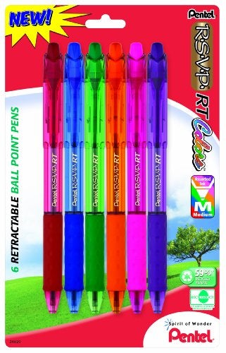 Pentel قلم حبر جاف قابل للسحب من بنتل R.S.V.P. RT بألوان جديدة، خط متوسط، ألوان حبر متنوعة، 6 عبوات (BK93CRBP6M) - Image 1