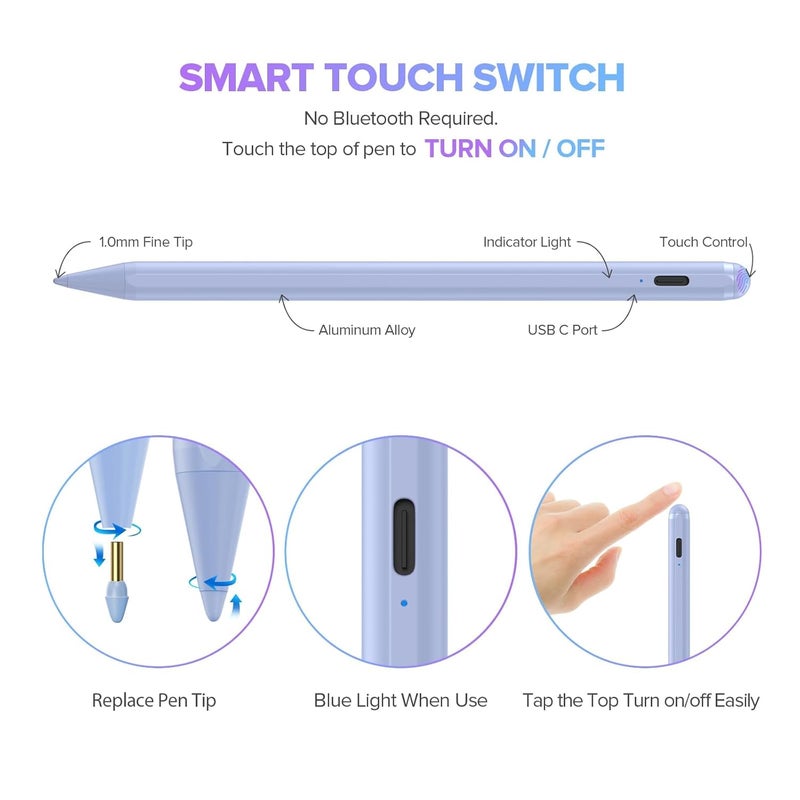 JAMJAKE قلم ستايلس لجهاز آيباد الجيل 11 و10 - قلم نشط سريع الشحن 2X متوافق مع آيباد برو 11"/12.9"/M4، آيباد إير 3/4/5/M2/M3، آيباد 6-11، آيباد ميني 5/6 جيل - بنفسجي - Image 5