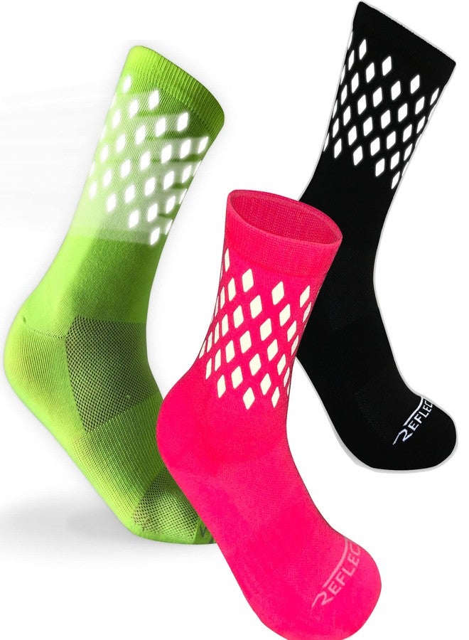 ReflecToes [3 Pair Reflective Socks [Pink, Green, Black] - High Visibility Running and Cycling Socks for Night Runners, Bikers, and Outdoor Athletes (XL) - Image 1