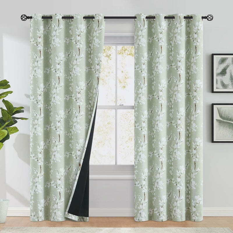 FMFUNCTEX 100 Blackout Floral Curtains for Bedroom Sage Green Curtains 90 inches Long Blossom Patterned for Living Room Thermal Insulated Farmhouse Drapes Grommet Top 2 Panels White on Green