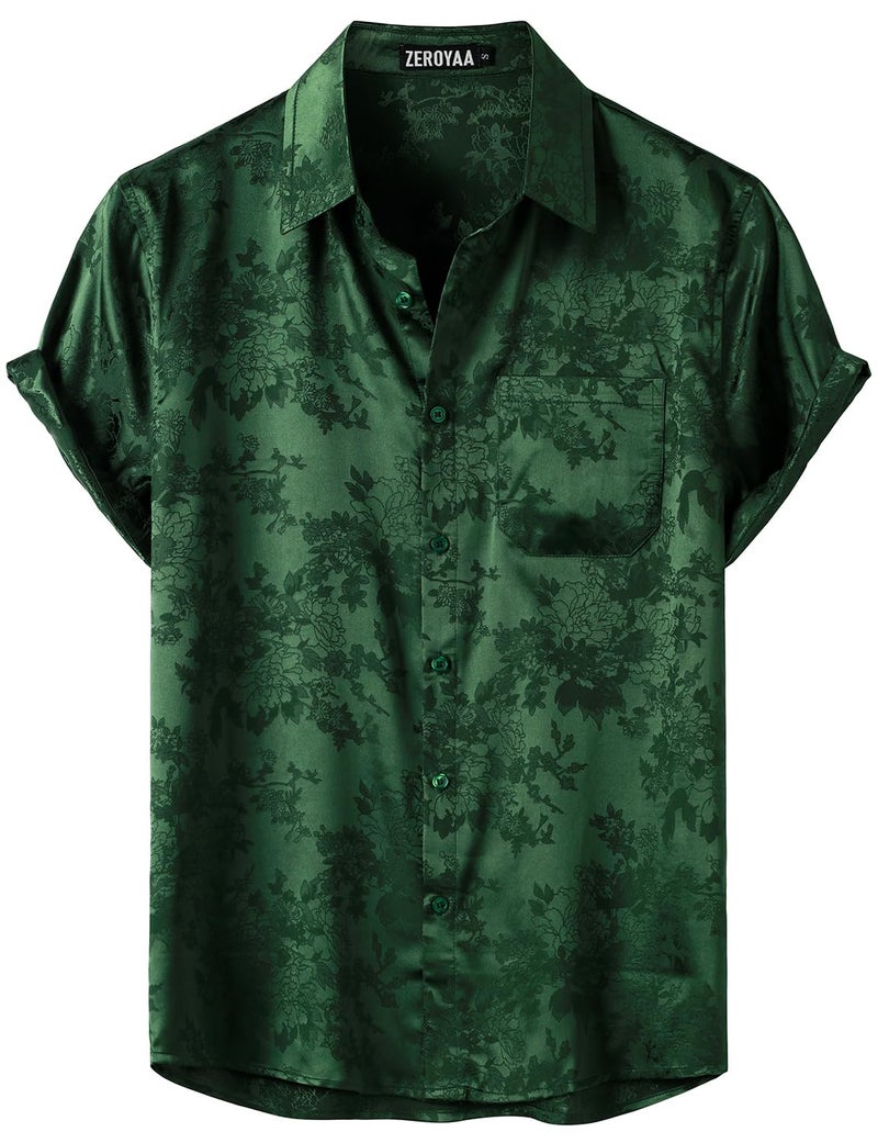 ZEROYAA Men's Shiny Luxury Silk Satin Floral Jacquard Short Sleeve Button Down Shirt for Party Prom ZZCL78-Emerald Green Large - Image 1