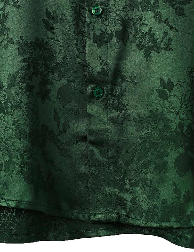 ZEROYAA Men's Shiny Luxury Silk Satin Floral Jacquard Short Sleeve Button Down Shirt for Party Prom ZZCL78-Emerald Green Large - Image 5