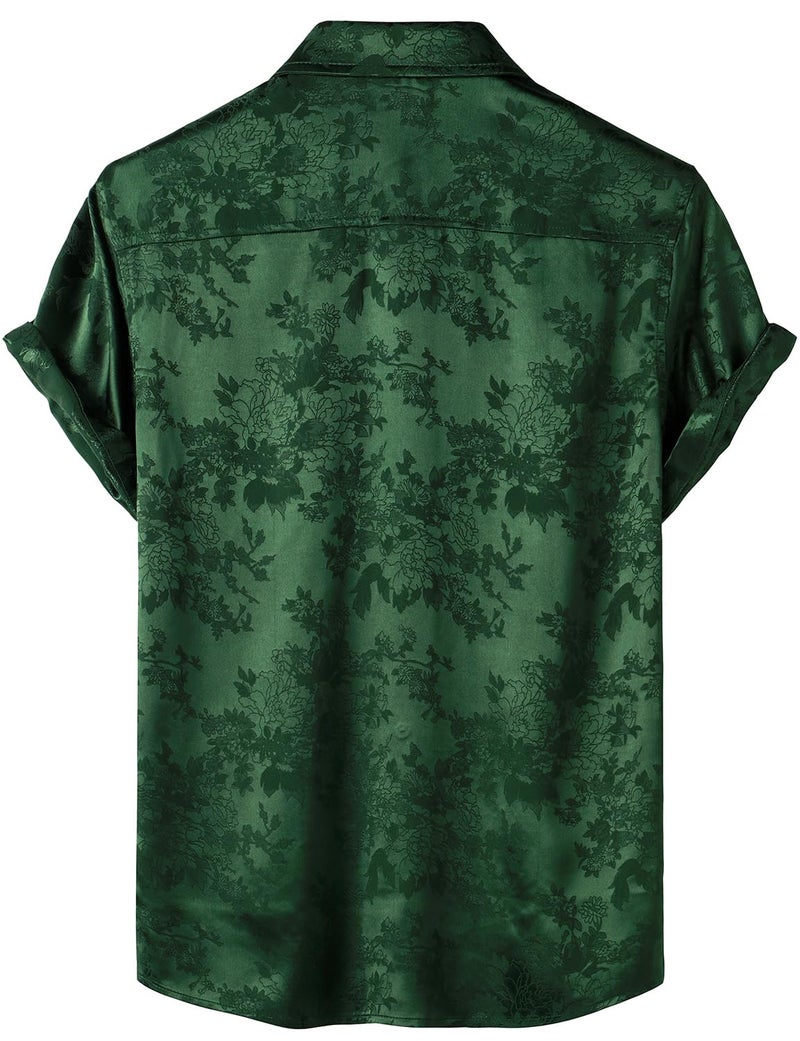 ZEROYAA Men's Shiny Luxury Silk Satin Floral Jacquard Short Sleeve Button Down Shirt for Party Prom ZZCL78-Emerald Green Large - Image 2