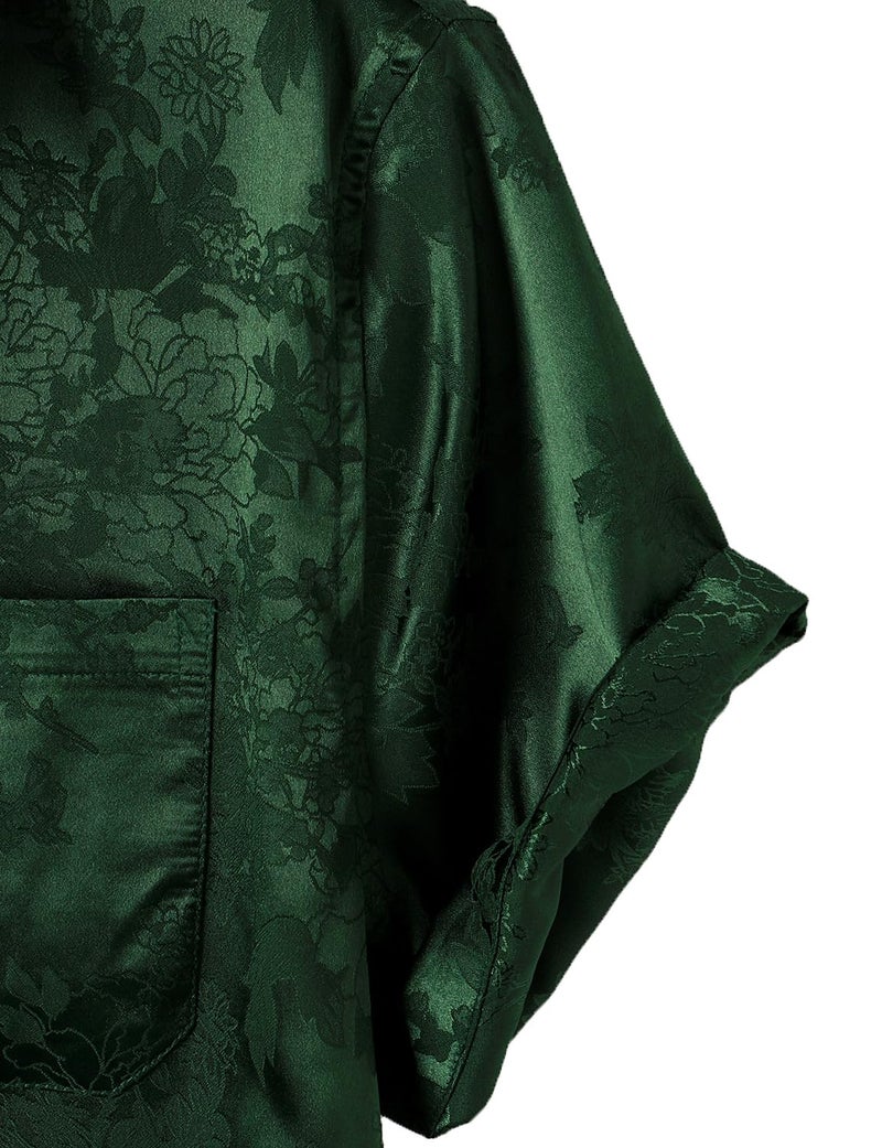 ZEROYAA Men's Shiny Luxury Silk Satin Floral Jacquard Short Sleeve Button Down Shirt for Party Prom ZZCL78-Emerald Green Large - Image 3