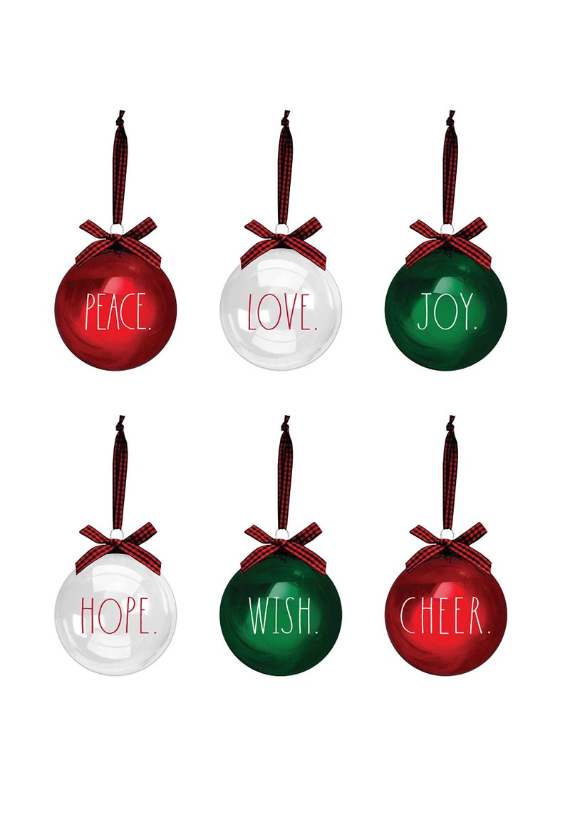 Rae Dunn Christmas Ornaments  Set of 6 Glass Balls  Red Green Clear  Peace Love Joy Hope Wish Nice  60mm  236 Inch Hanging Holiday Decorations for Xmas Tree
