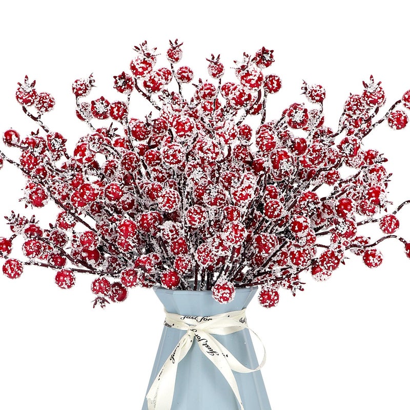 Kunjocy 12 Pack Artificial Red Berry Stems Frosted Holly Berry Picks Christmas Picks Sprays Snowy Berry Twig Branches For Xmas Tree Garland Wreath Craft Supplies Table Centerpiece Home Decorations (Red  12) - Image 1