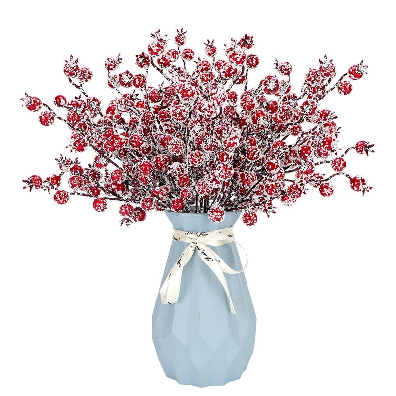 Kunjocy 12 Pack Artificial Red Berry Stems Frosted Holly Berry Picks Christmas Picks Sprays Snowy Berry Twig Branches For Xmas Tree Garland Wreath Craft Supplies Table Centerpiece Home Decorations (Red  12) - Image 2