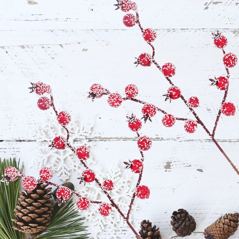 Kunjocy 12 Pack Artificial Red Berry Stems Frosted Holly Berry Picks Christmas Picks Sprays Snowy Berry Twig Branches For Xmas Tree Garland Wreath Craft Supplies Table Centerpiece Home Decorations (Red  12) - Image 5