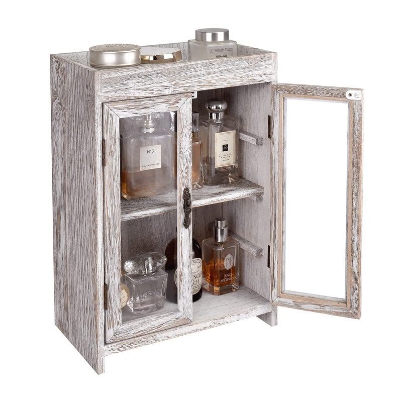 Ikee Design Wooden Countertop Storage Cabinet. Customizable Organizer with Adjustable Shelves, Glass Window Door and Removable Metal Hook. Perfect for Kitchen, Vanity, or Bathroom. Antique White - Image 1