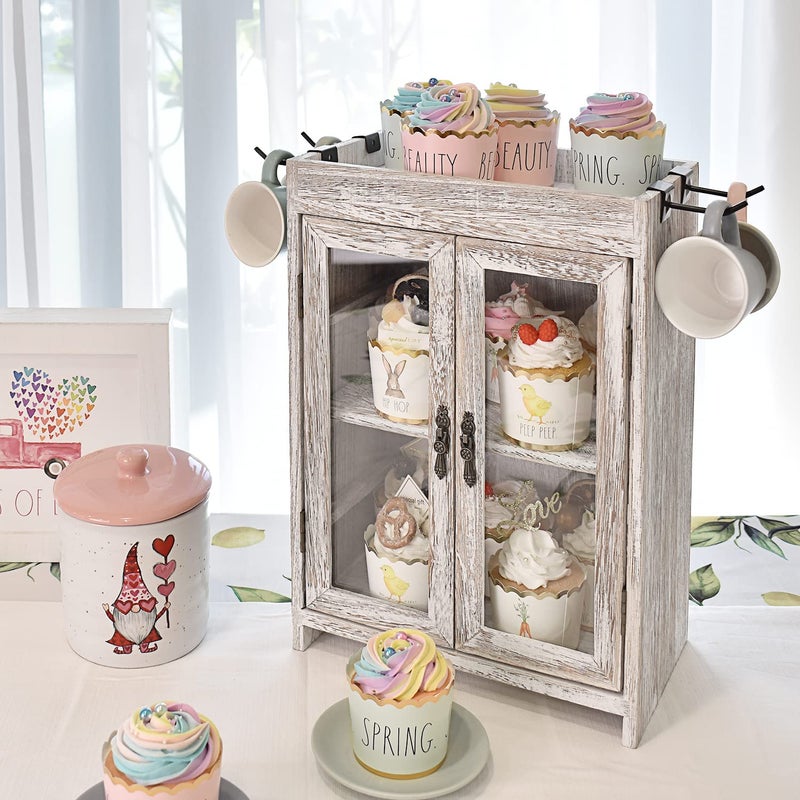 Ikee Design Wooden Countertop Storage Cabinet. Customizable Organizer with Adjustable Shelves, Glass Window Door and Removable Metal Hook. Perfect for Kitchen, Vanity, or Bathroom. Antique White - Image 5