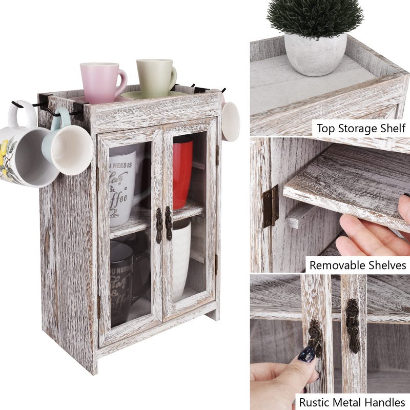 Ikee Design Wooden Countertop Storage Cabinet. Customizable Organizer with Adjustable Shelves, Glass Window Door and Removable Metal Hook. Perfect for Kitchen, Vanity, or Bathroom. Antique White - Image 4