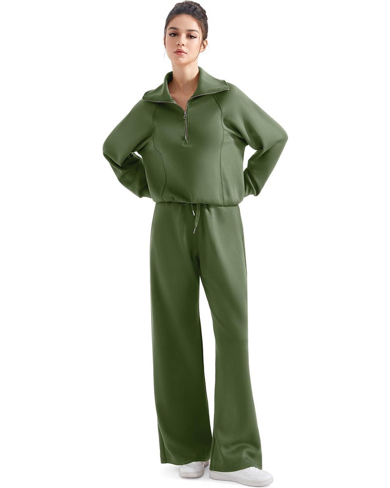 SUUKSESS Women 2 Piece Lounge Matching Sets Wide Leg Sweatpants Half Zip Oversized Sweatshirts (Army Green, M) - Image 4